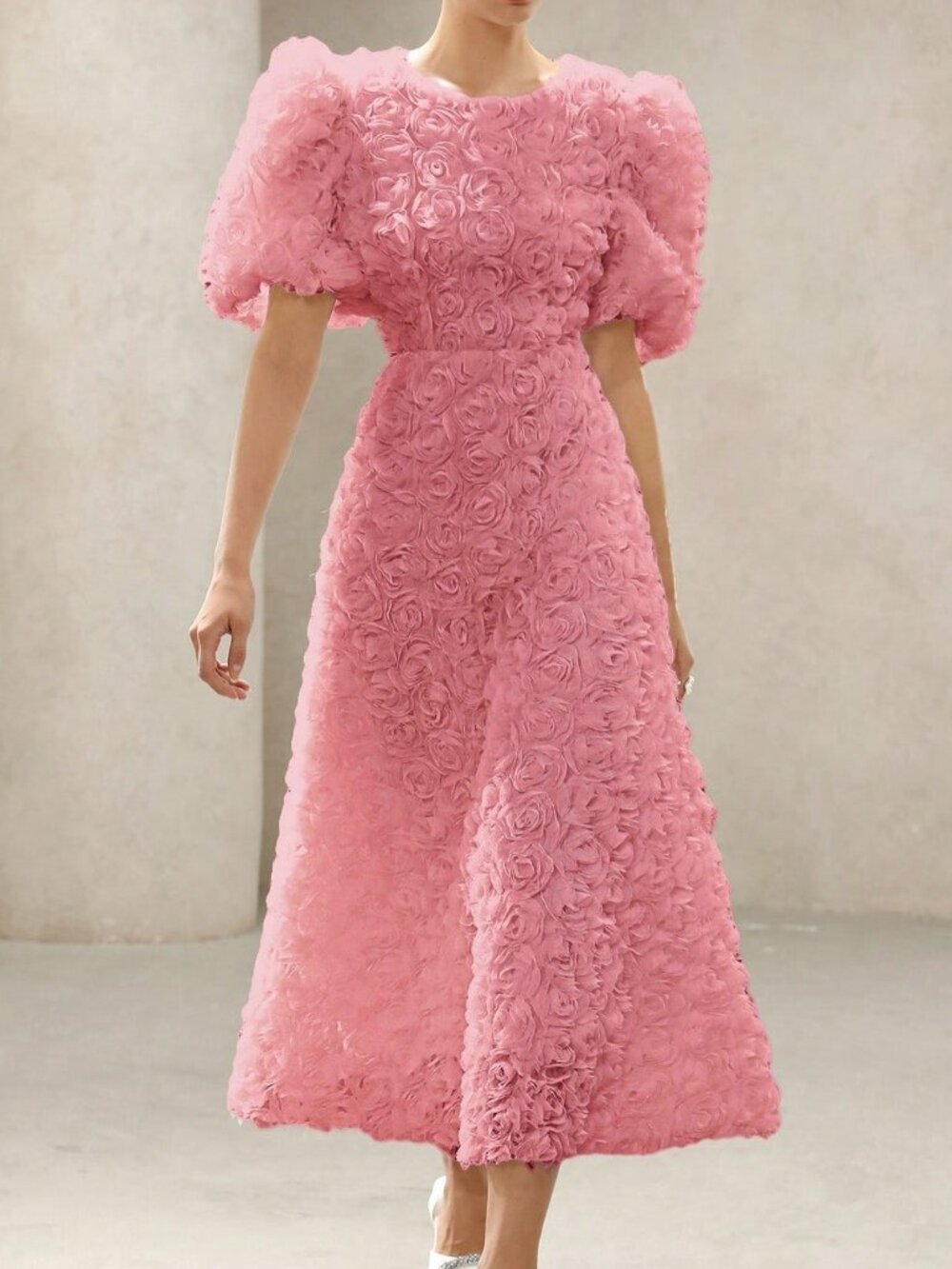 Pink Elegant Women's 3D Rose V-Neck Puff Sleeve Waist-Fitted Extra Long Dress - Picture 4 of 6